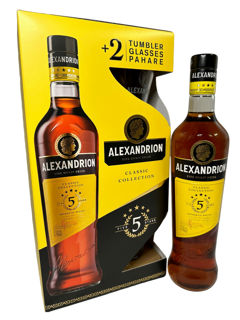 Alexandrion 5 Stars Classic Collection Brandy with two branded glasses 700ml