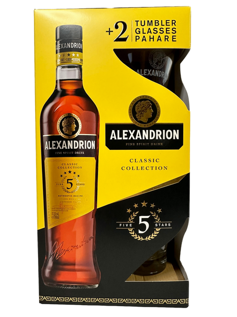 Alexandrion 5 Stars Classic Collection Brandy with two branded glasses 700ml