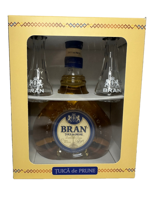 Bran Plum Schnapps (Tuica prune) with two branded glasses 700ml