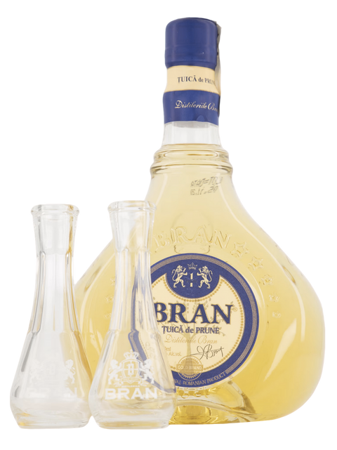 Bran Plum Schnapps (Tuica prune) with two branded glasses 700ml