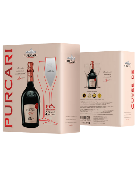 Purcari Cuvee de Purcari Brut Rose Moldovan Sparkling Wine with two branded glasses