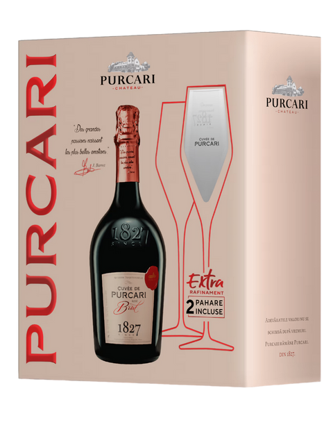 Purcari Cuvee de Purcari Brut Rose Moldovan Sparkling Wine with two branded glasses