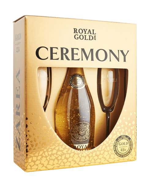 Zarea Royal Gold 23K White Sparkling Wine with two branded glasses