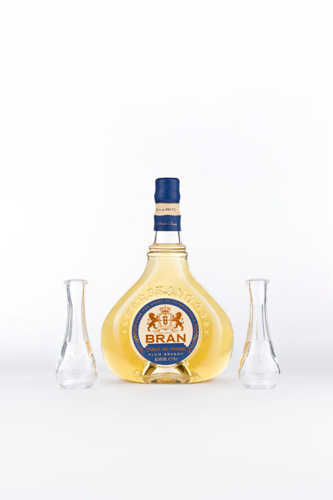 Bran Plum Schnapps (Tuica prune) with two branded glasses 700ml