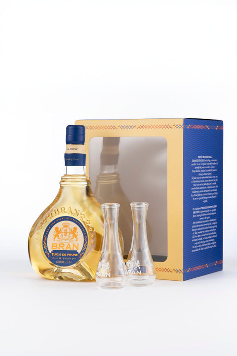 Bran Plum Schnapps (Tuica prune) with two branded glasses 700ml