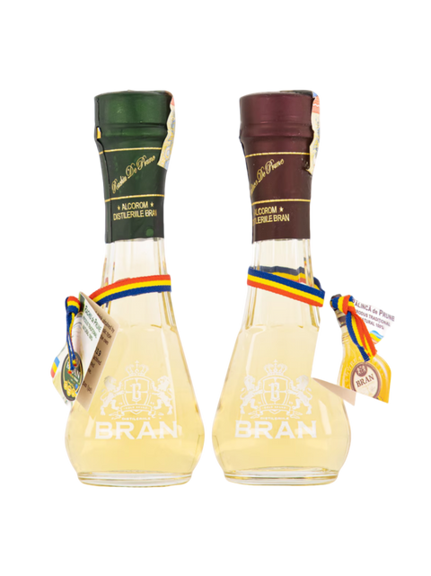 Bran (gift set / taste pack) plum brandy and plum schnapps in two traditional glasses (Set miniaturi palinca prune si rachiu prune in toi) 2x45ml