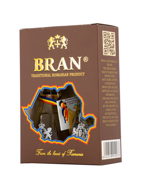 Bran (gift set / taste pack) plum brandy and plum schnapps in two traditional glasses (Set miniaturi palinca prune si rachiu prune in toi) 2x45ml