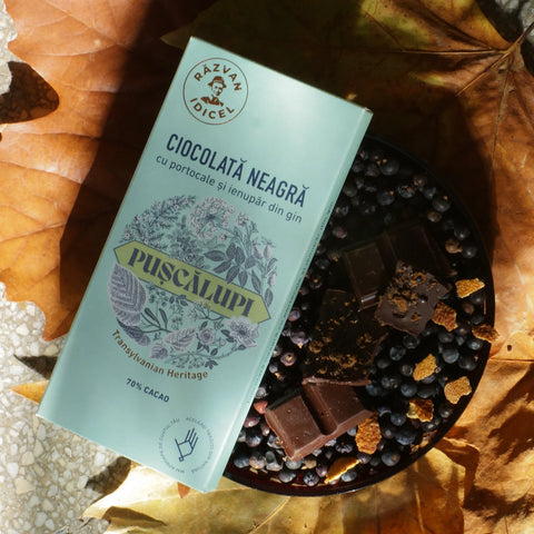 Razvan Idicel Dark Chocolate with oranges and gin infused juniper 70% cocoa 80g