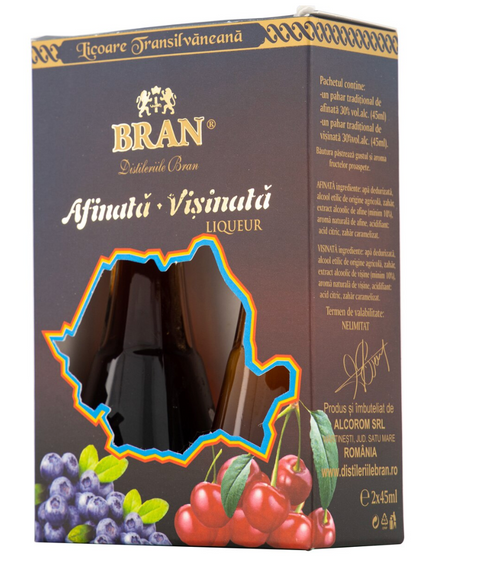 Bran (gift set / taste pack) sour cherry and blueberry liqueur in two traditional glasses (Set miniaturi visinata si afinata in toi) 2x45ml