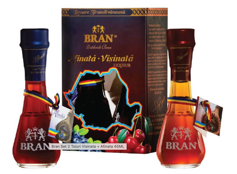 Bran (gift set / taste pack) sour cherry and blueberry liqueur in two traditional glasses (Set miniaturi visinata si afinata in toi) 2x45ml