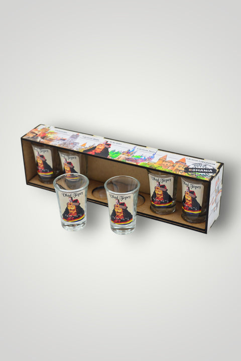 Artisanal and traditional shot glasses in wooden box - Set of 6 Dracula motif