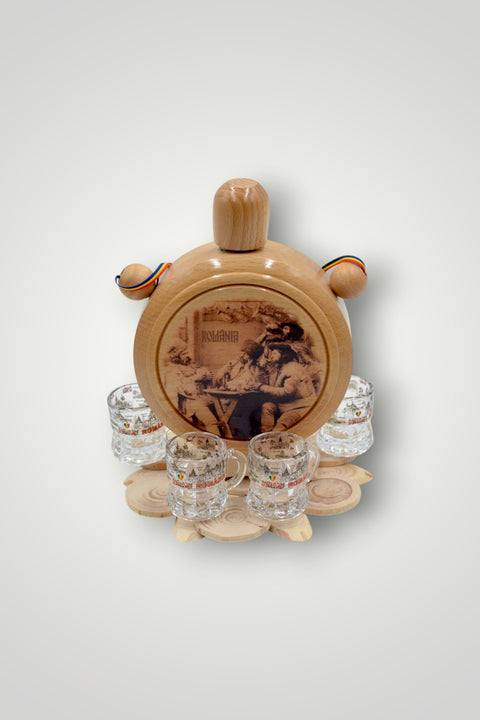 Handmade wooden flask with traditional motif and 4 shot glasses gift set
