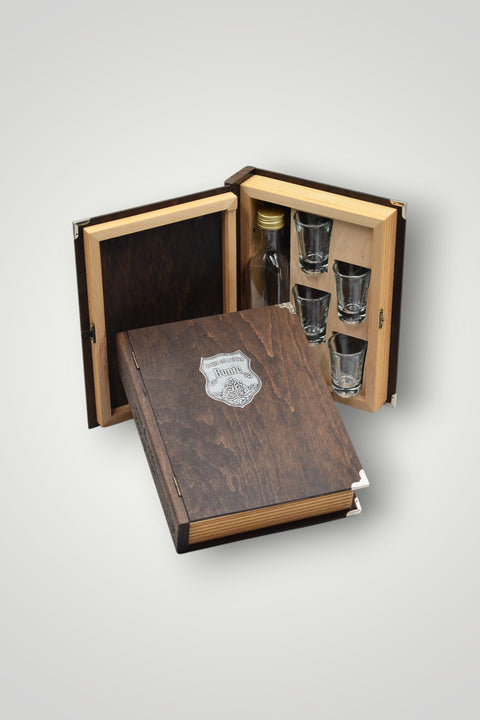 Bottle and glasses in a wooden book case gift set Grandpa