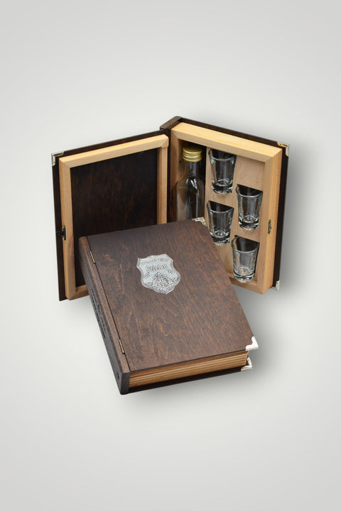 Bottle and glasses in a wooden book case gift set Friend