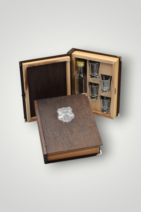 Bottle and glasses in a wooden book case gift set Father Dad